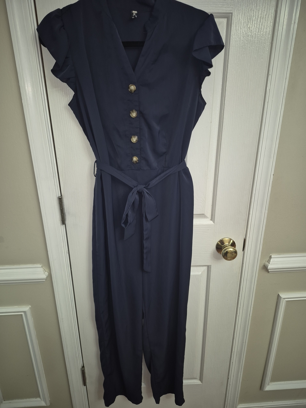 Navy Blue Flutter Sleeve Button Front Belted Wide Leg Jumpsuit Size M